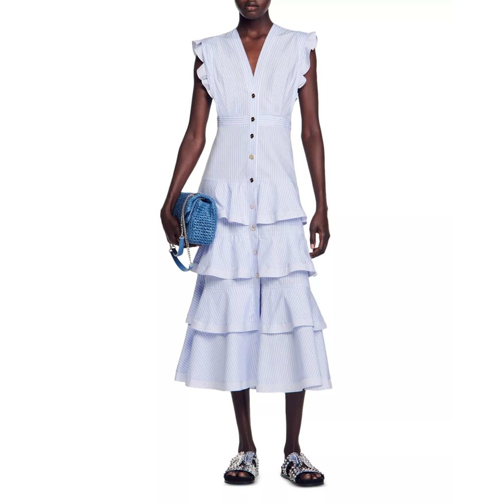 Sandro Maude Midi Dress Light Blue White Striped Tiered Ruffle Button Front 6